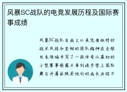 风暴SC战队的电竞发展历程及国际赛事成绩